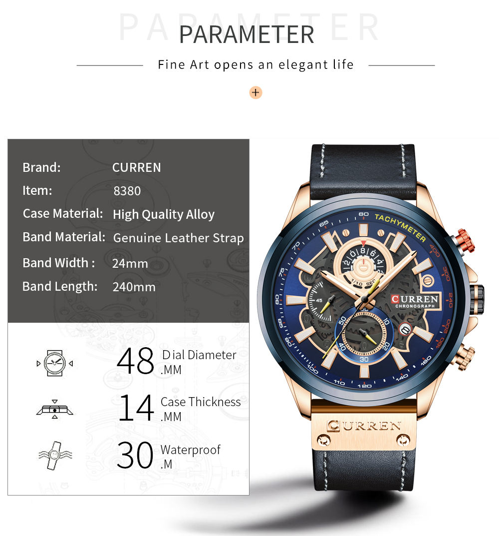 Curren 8380 Men’s Chronograph Gray Silver Waterproof Leather Watch - Image 5