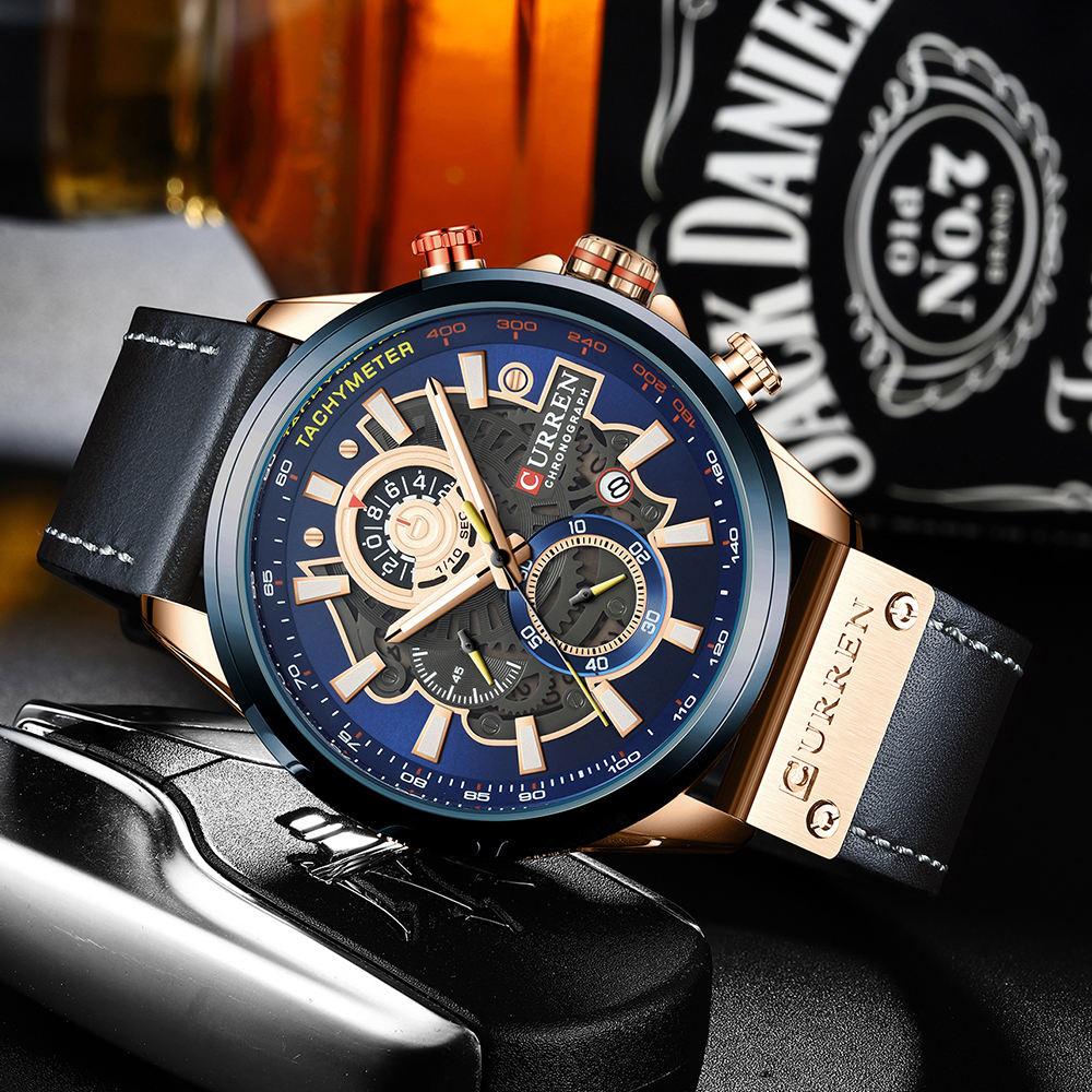 Curren 8380 Men’s Chronograph Blue Dial Waterproof Leather Watch - Image 2