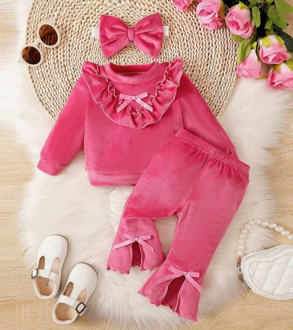 Baby Girl Velvet Outfit Set – Pink
